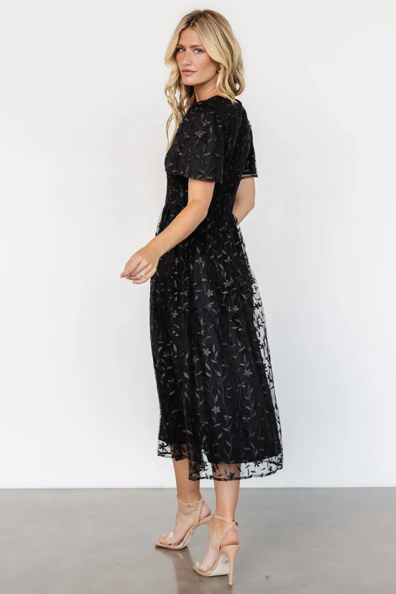 Cara Embroidered Midi Dress | Black
