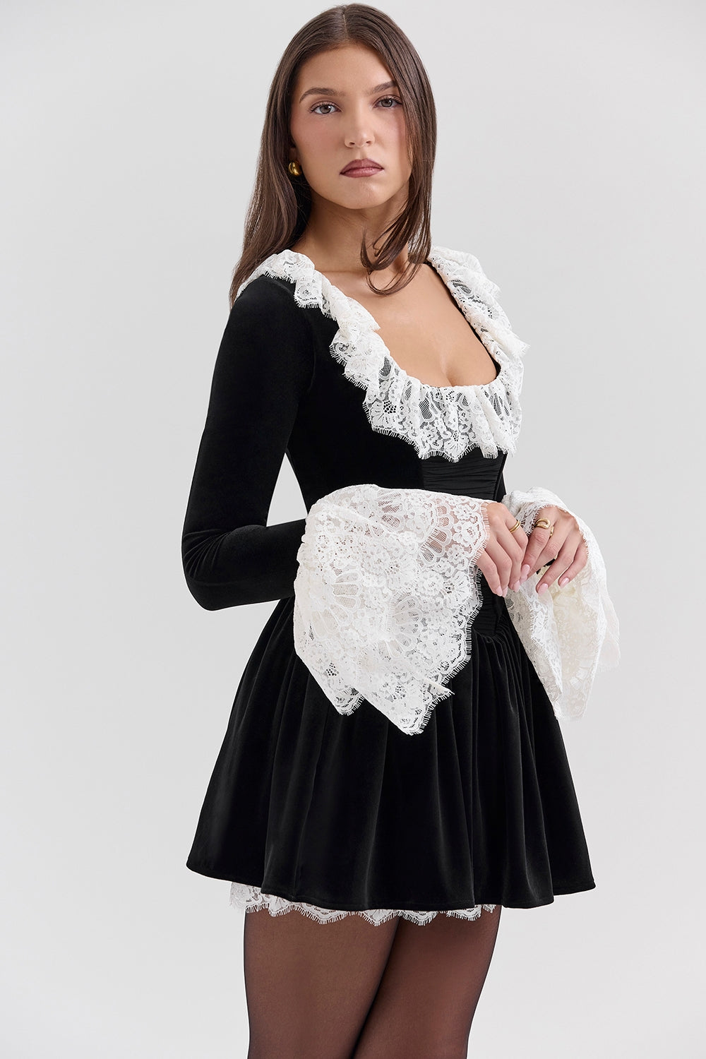 Czarina-Black Velvet Lace Trimmed Mini Dress - SALE