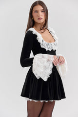 Czarina-Black Velvet Lace Trimmed Mini Dress - SALE
