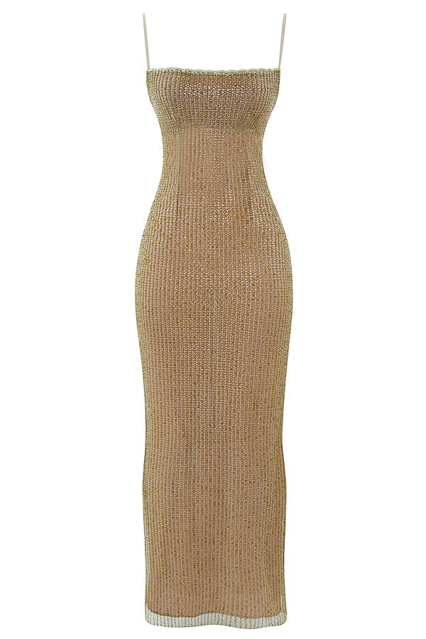 Alondra-Cafe Au Lait Beaded Maxi Dress - Limited Edition