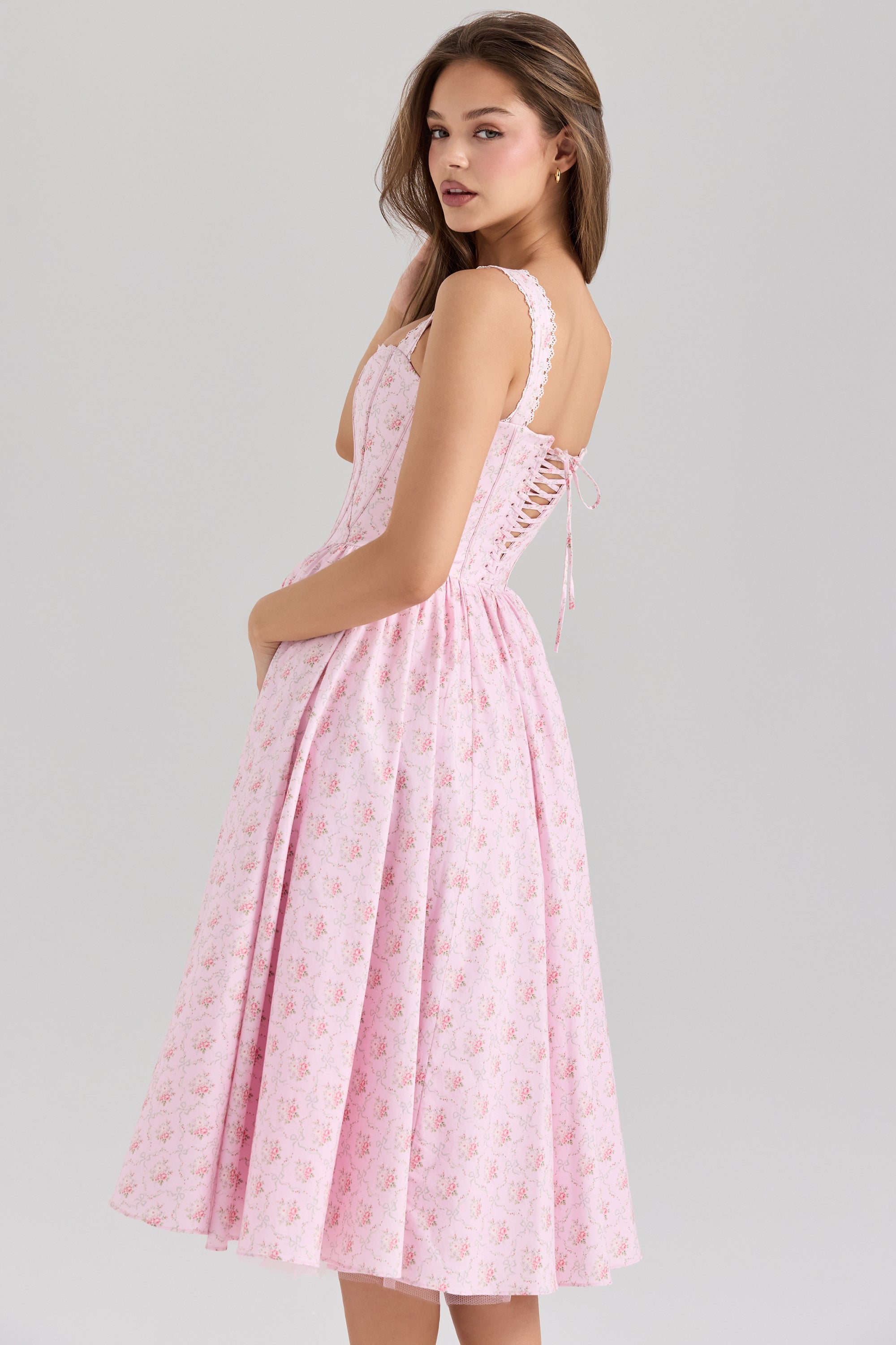 Amara-Pink Rose Print Stretch Cotton Corset Midi Dress