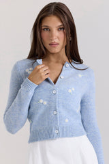 Atheia-Blue Lambswool Floral Embroidered Cardigan