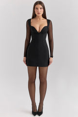 Angelie-Black Stretch Crepe Plunge Mini Dress