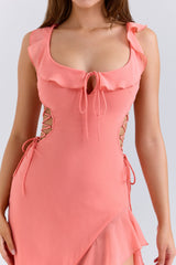 Aloura-Coral Georgette Ruffle Maxi Dress