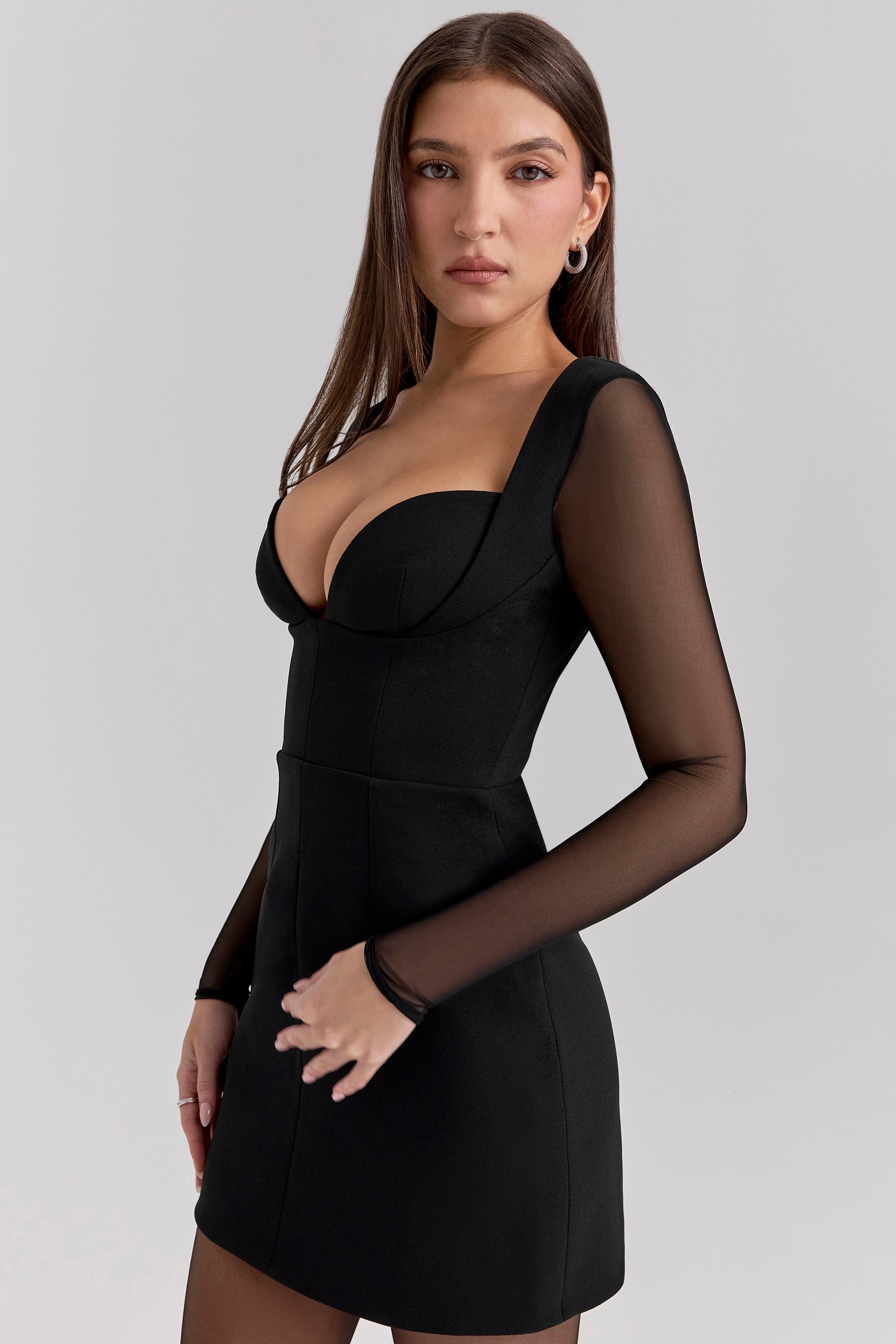 Angelie-Black Stretch Crepe Plunge Mini Dress