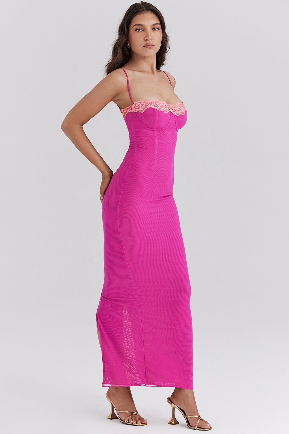 Aiza-Raspberry Lace Trimmed Maxi Dress