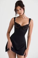 Adriana-Black Satin And Lace Mini Dress