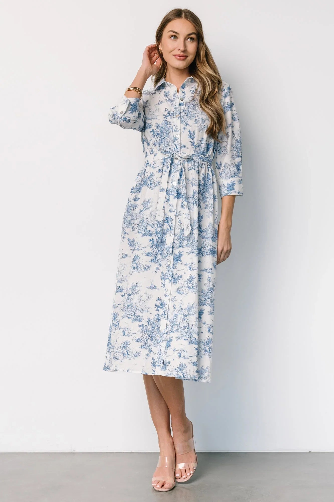 Chantelle Button Midi Dress | Off White + Blue Print