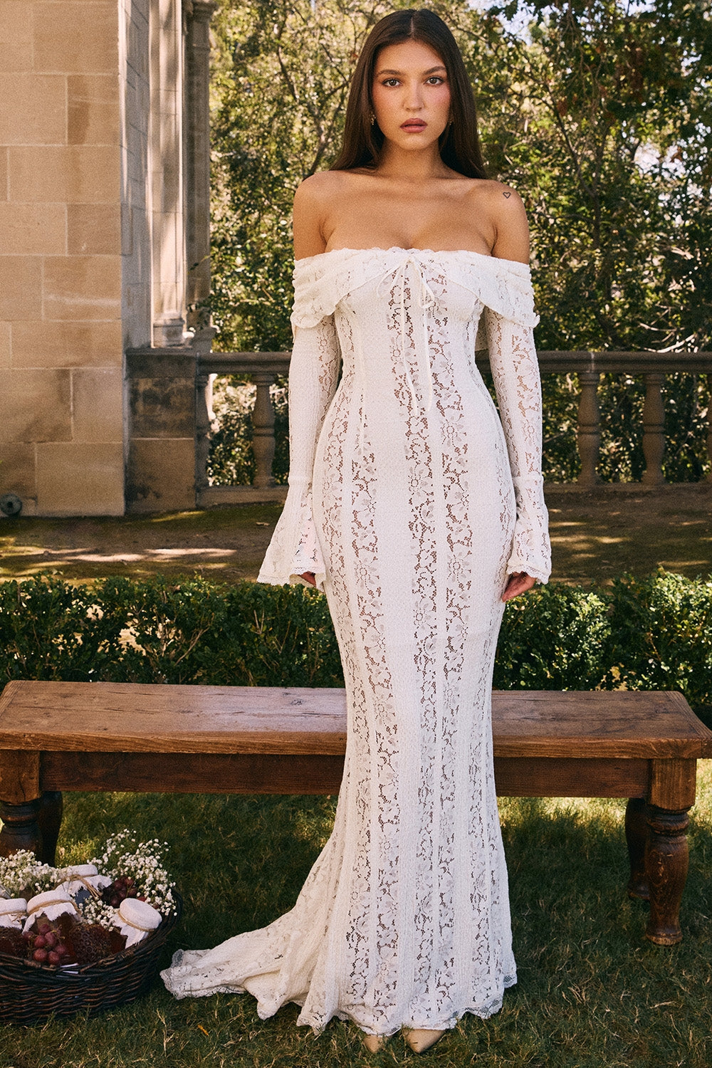 Belle-Vintage Cream Floral Lace Off Shoulder Maxi Dress