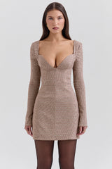 Angelie-Brown Puppytooth Check Plunge Mini Dress - SALE