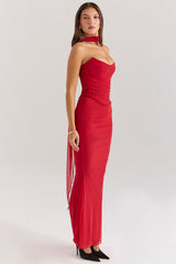 Cassidy-Holly Red Mesh Maxi Skirt with Fluted Hem
