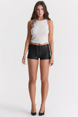 Azora-Black Vegan Leather Micro Mini Shorts