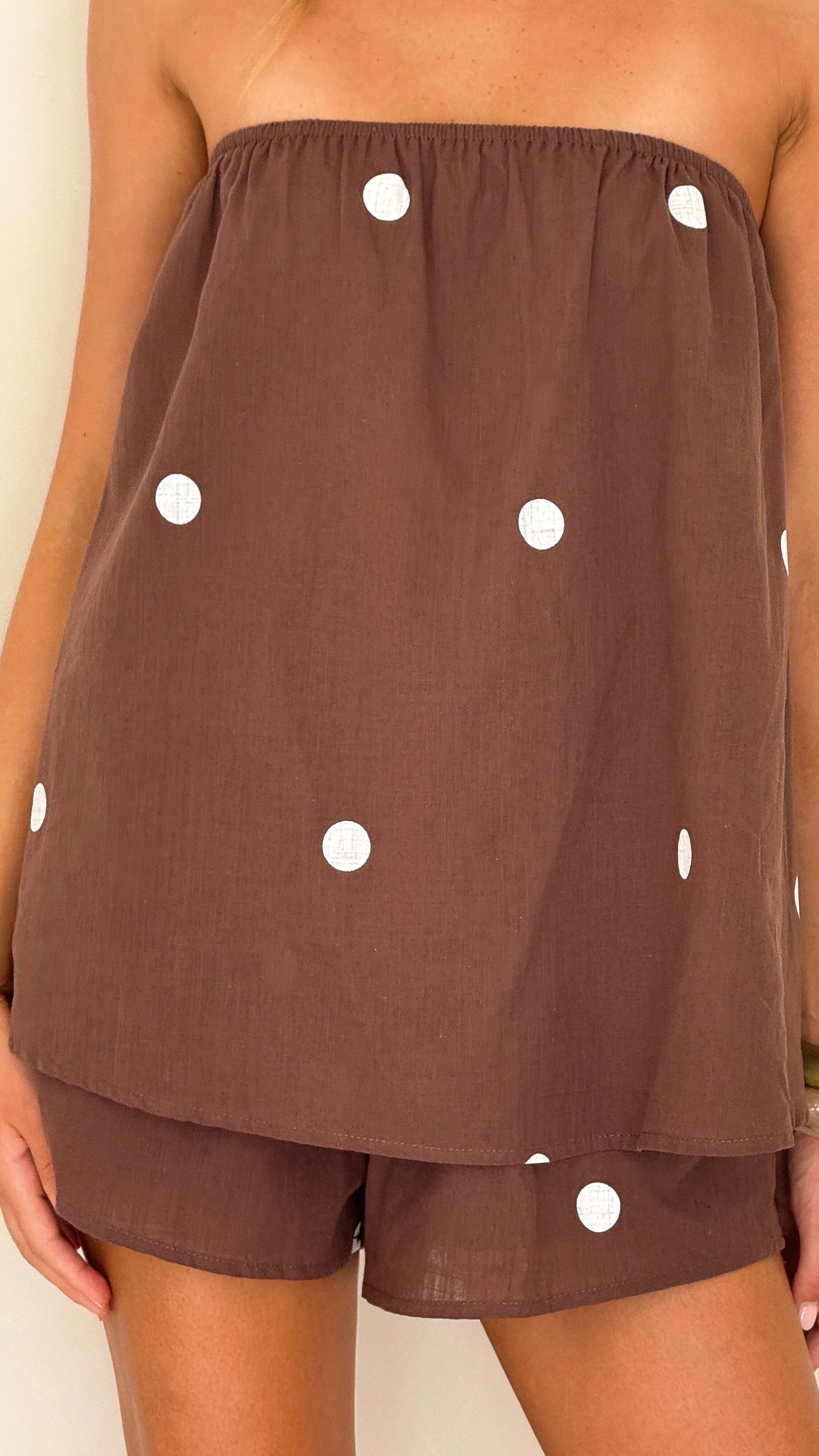 Calliope Strapless Top and Shorts Set - Brown/White Polka