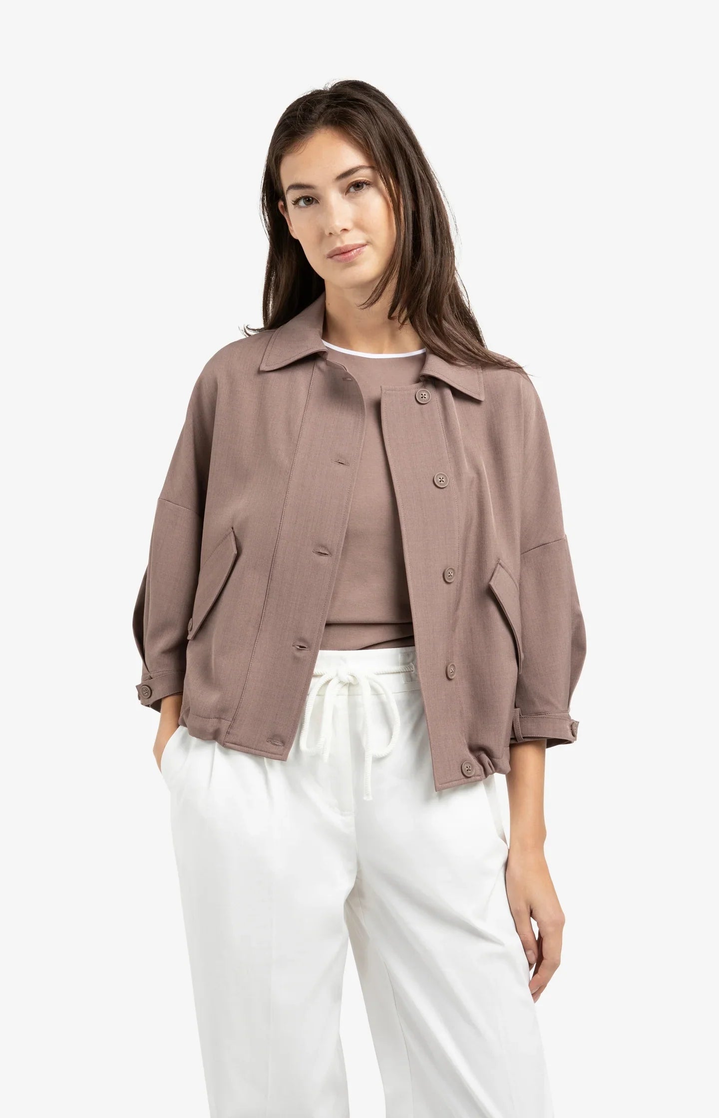 Blouse jacket with adjustable waistband and pockets