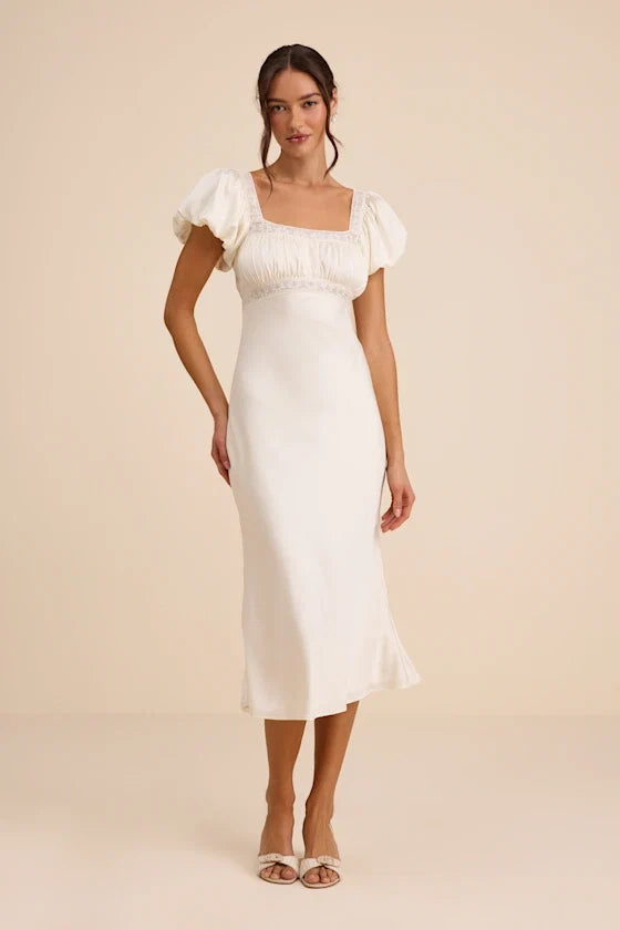 Catherine Ivory Satin Puff Sleeve Slip Midi Dress