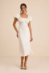 Catherine Ivory Satin Puff Sleeve Slip Midi Dress