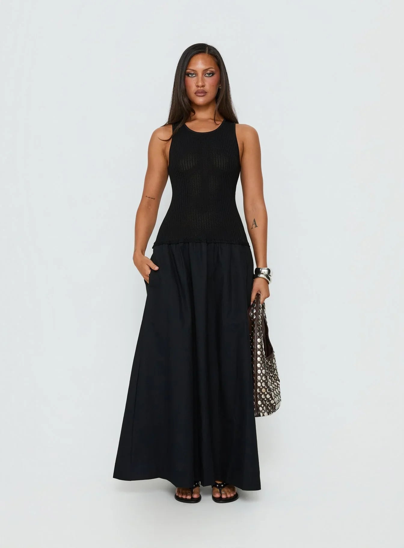 Carlene Shirred Drop Waist Maxi Dress Black