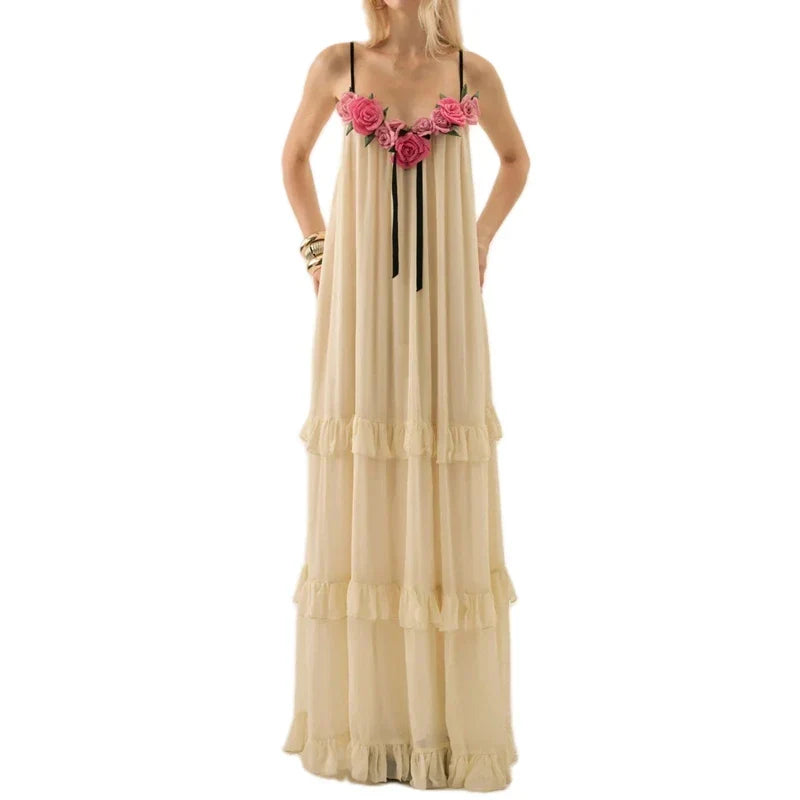 3D Floral Spaghett Strap Tiered Ruffle Maxi Dress