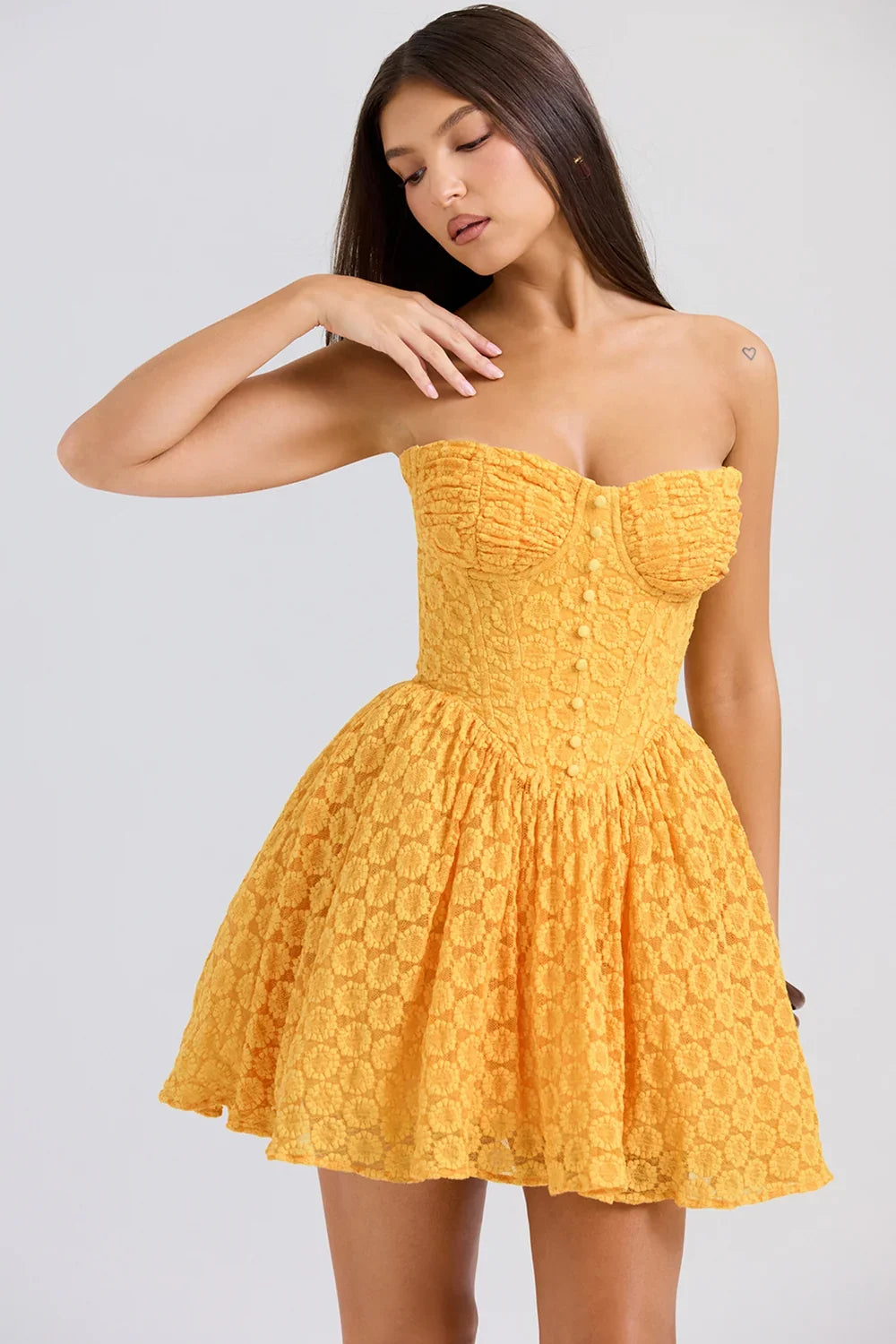 Apricot Lace Corset Mini Dress - Yellow